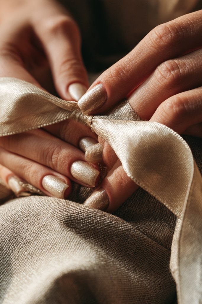 Close up of hands with champagne gold shimmer square nails tying a gift ribbon