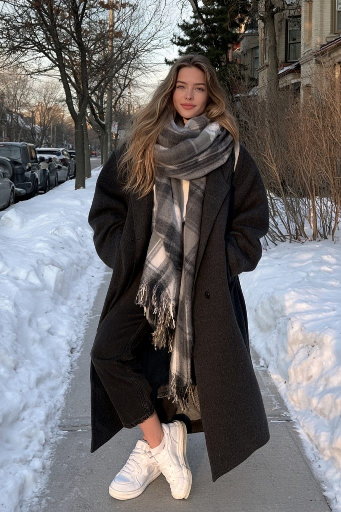 Woman in a long charcoal wool coat with a grey plaid scarf, black jeans and white sneakers on a snowy sidewalk