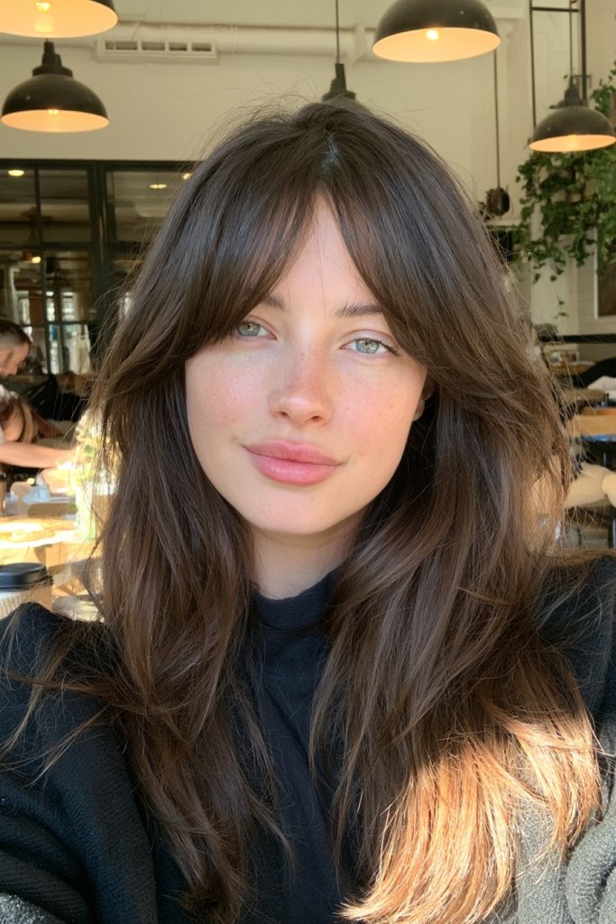 Woman with chestnut brown curtain bangs and long layers in a sunny cafe