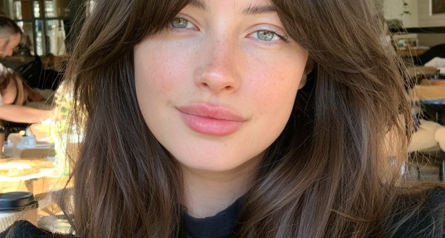 Woman with chestnut brown curtain bangs and long layers in a sunny cafe