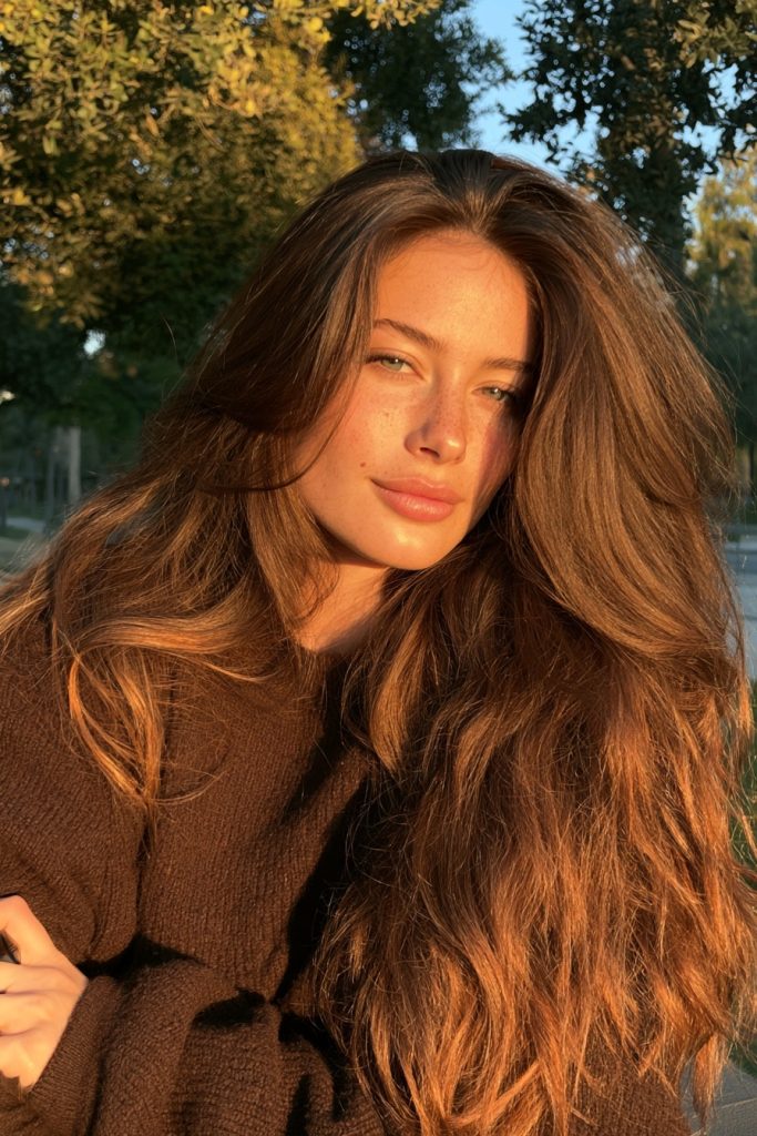 Woman with long chestnut brown waves and warm caramel highlights in golden hour light