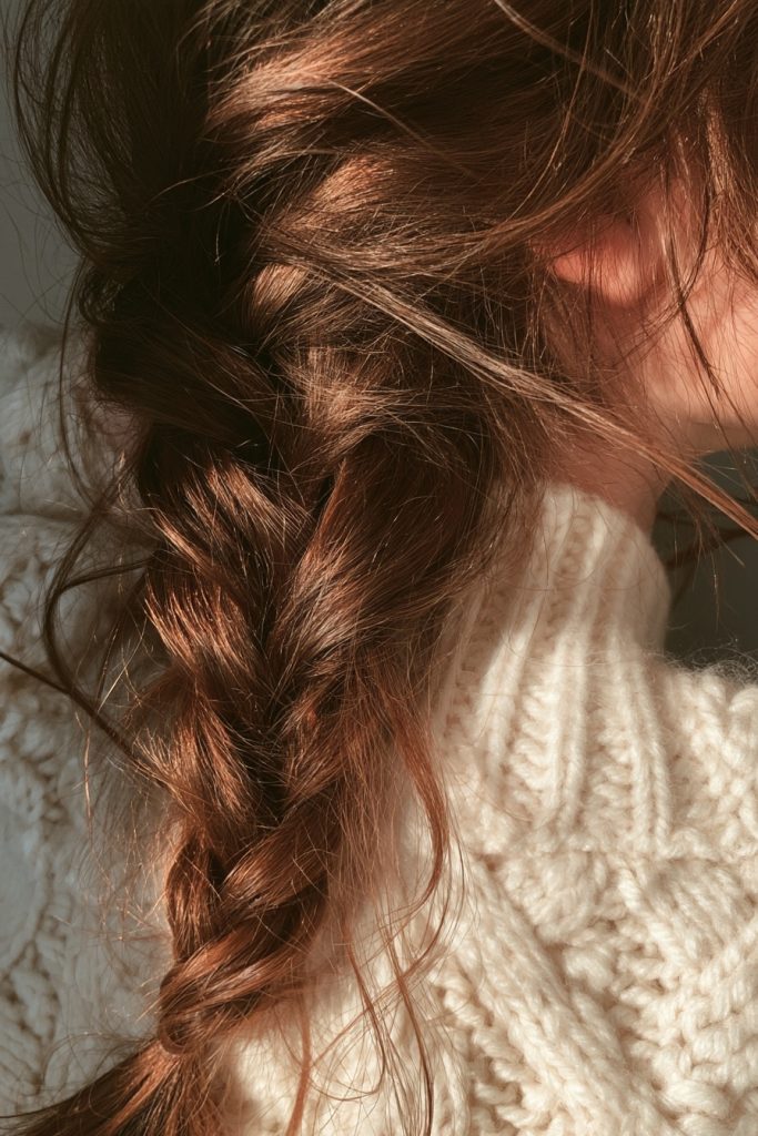 Close up of a chestnut brown loose braid over a cream cable knit sweater