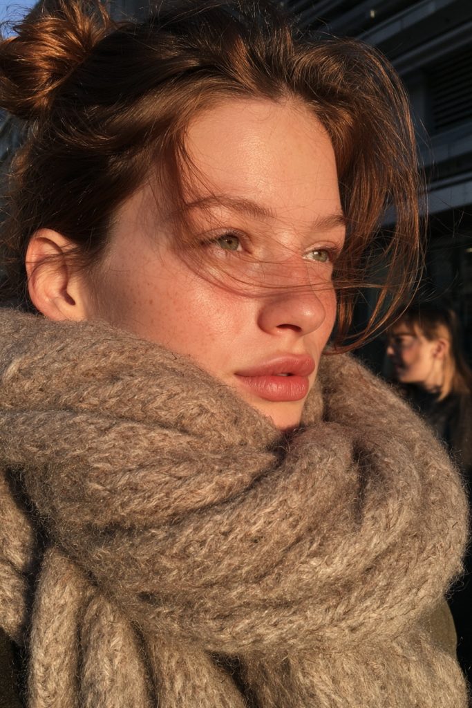 Woman with chestnut brown hair in a loose low bun wearing a chunky wool scarf on a city street