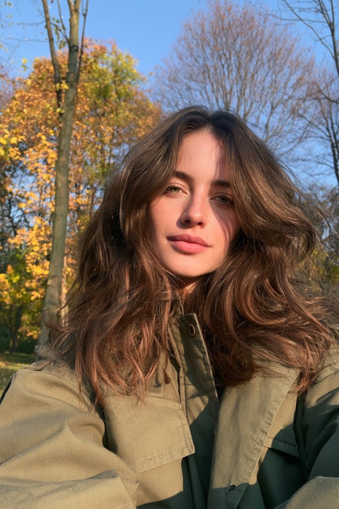 Woman with chestnut brown waves with warm highlights wearing an olive jacket among autumn trees
