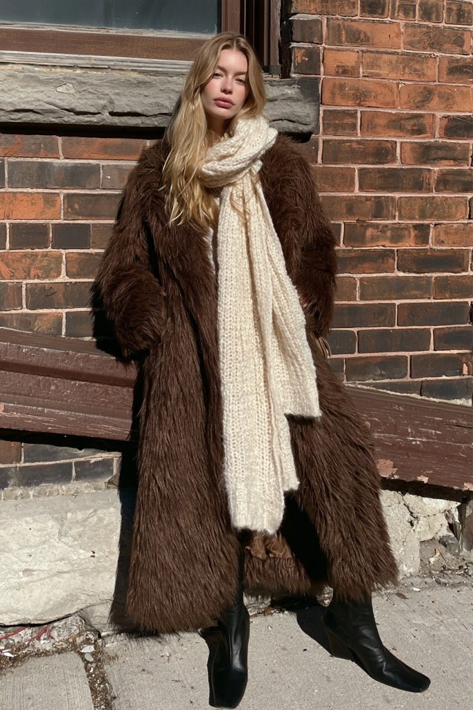 Woman in a long chocolate brown shaggy faux fur coat with a chunky cream knit scarf in front of a brick wall