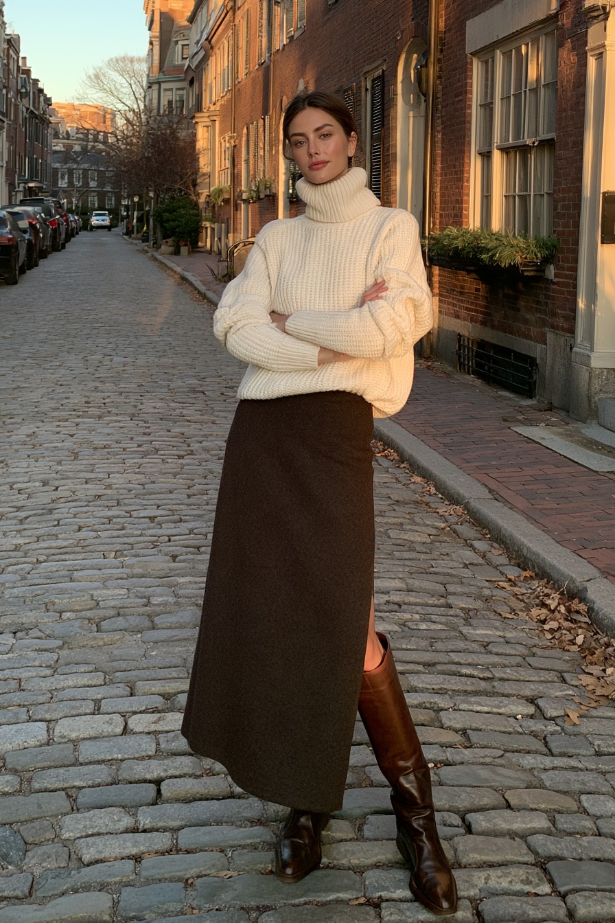 Woman standing on a brick street in a long chocolate brown skirt, ivory chunky turtleneck and tall brown leather boots