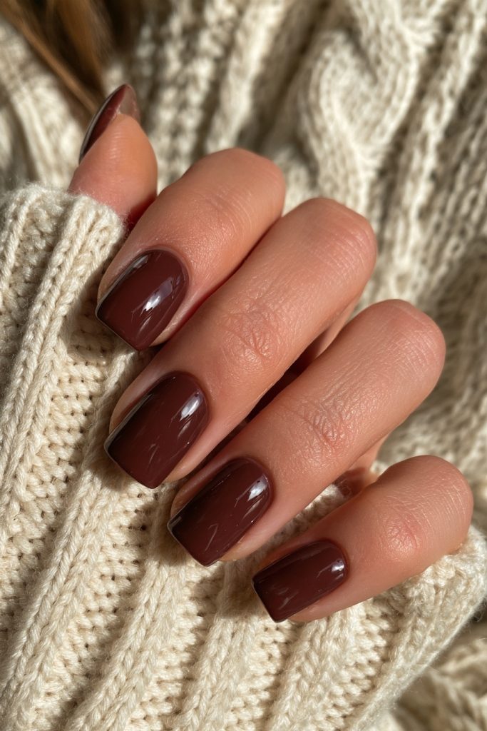Close-up of short glossy deep chocolate brown square nails against a cream cable knit sweater