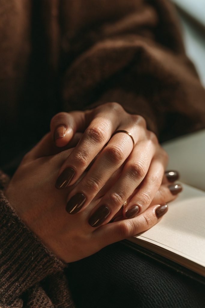 Hands clasped together on an open notebook with dark chocolate brown nails and a thin ring