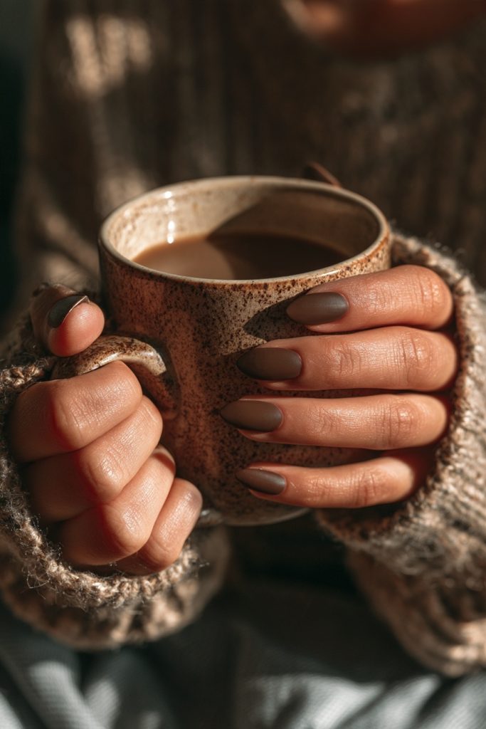 Hands wrapped around a speckled ceramic mug with long matte chocolate brown almond nails and a brown knit sweater
