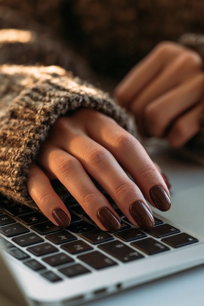 A hand typing on a silver laptop keyboard with medium oval dark chocolate brown nails and a chunky brown knit sleeve