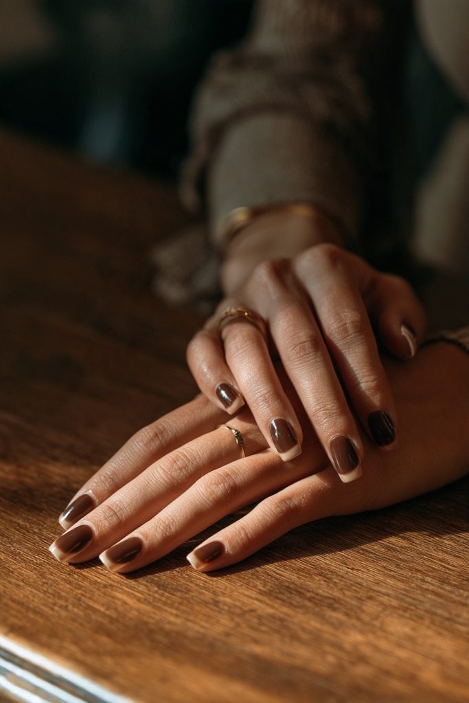 Hands resting on a sunlit wooden table with dark chocolate brown nails and a ring