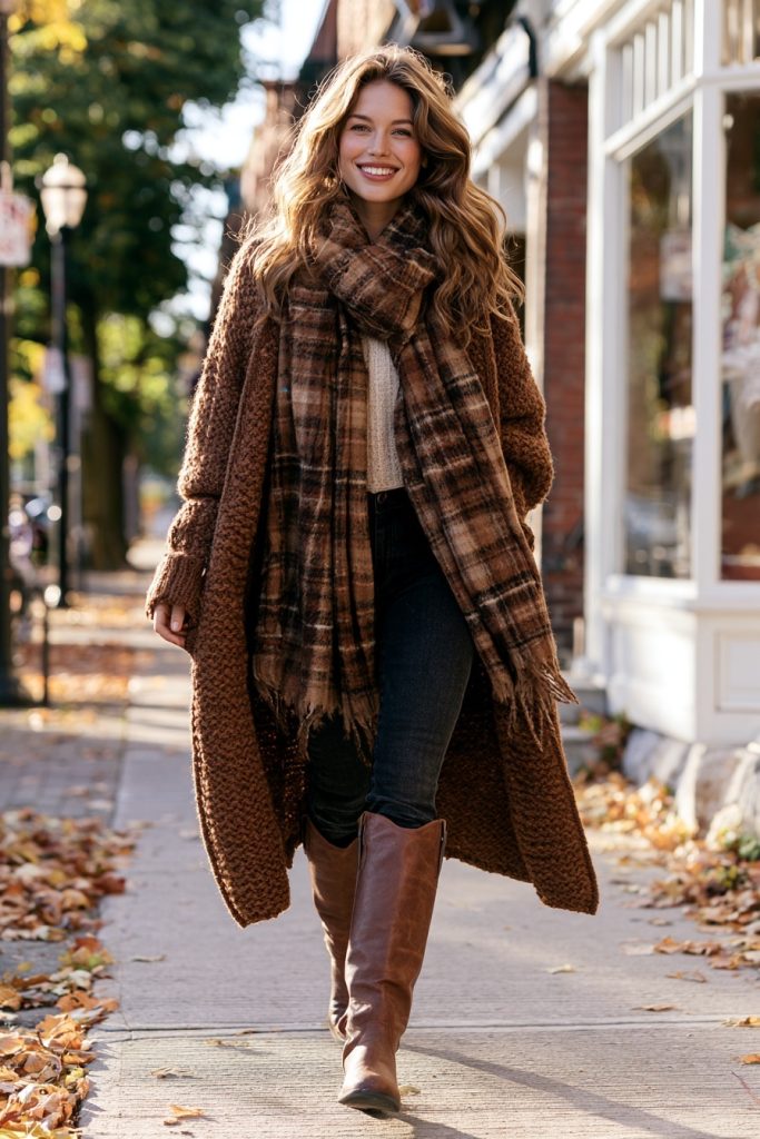 Smiling woman in a brown chunky knit cardigan, a large plaid scarf, dark jeans and tall brown leather boots on an autumn sidewalk