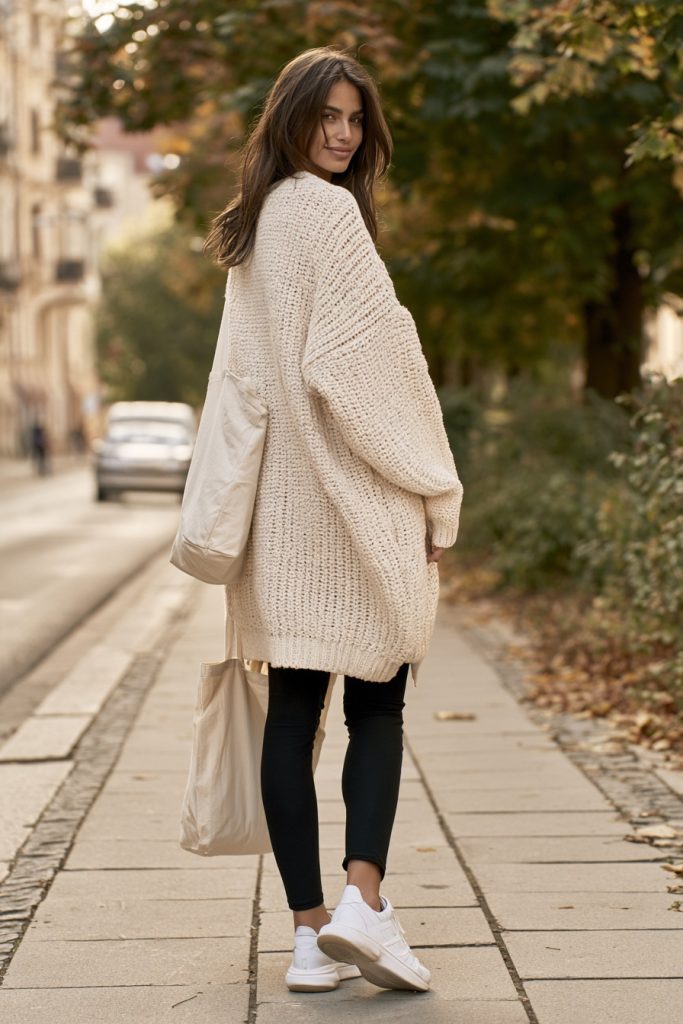 Woman walking on a tree lined sidewalk in an oversized cream chunky cardigan, black leggings and white sneakers, carrying a canvas tote bag