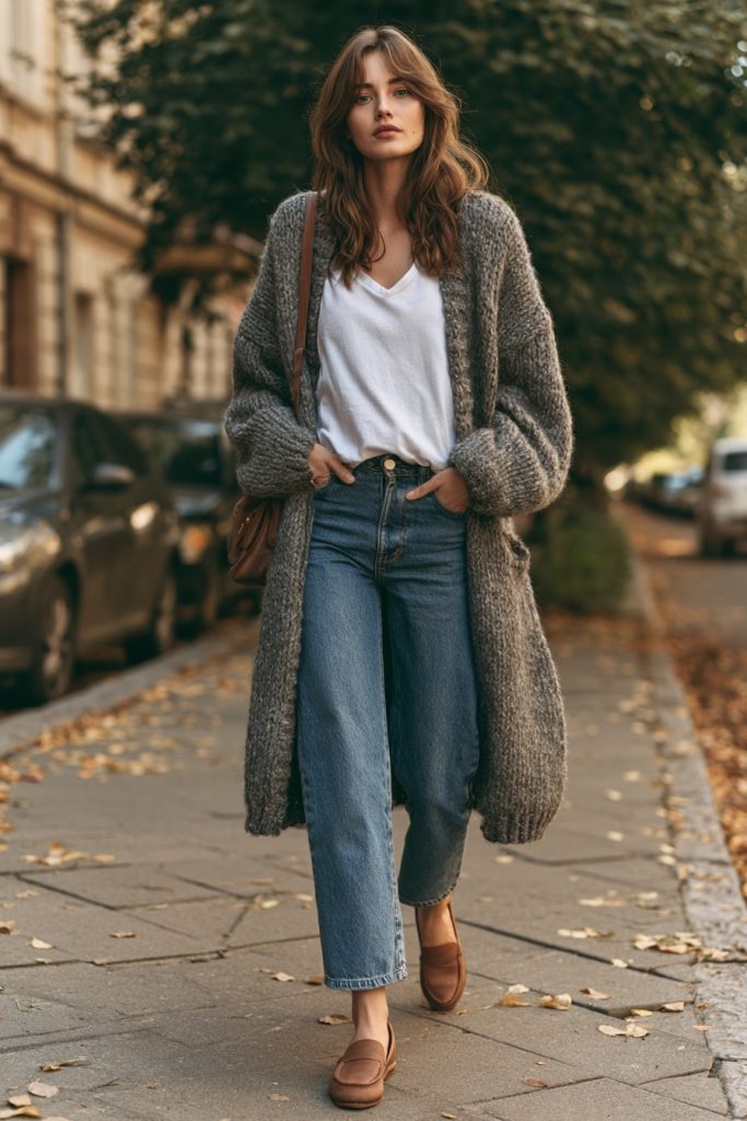 Woman in an oversized grey chunky cardigan, a white tee, straight leg blue jeans and tan loafers walking on a brick sidewalk with a brown bag