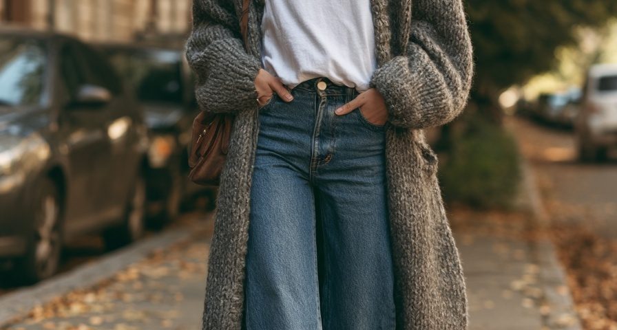chunky cardigan outfit grey white tee blue jeans
