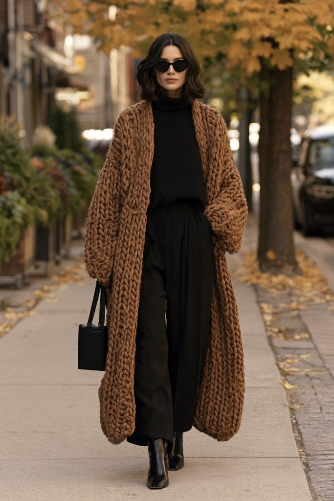 Woman in sunglasses wearing a very long chunky caramel brown cardigan over a black turtleneck, black trousers and black ankle boots, carrying a black bag