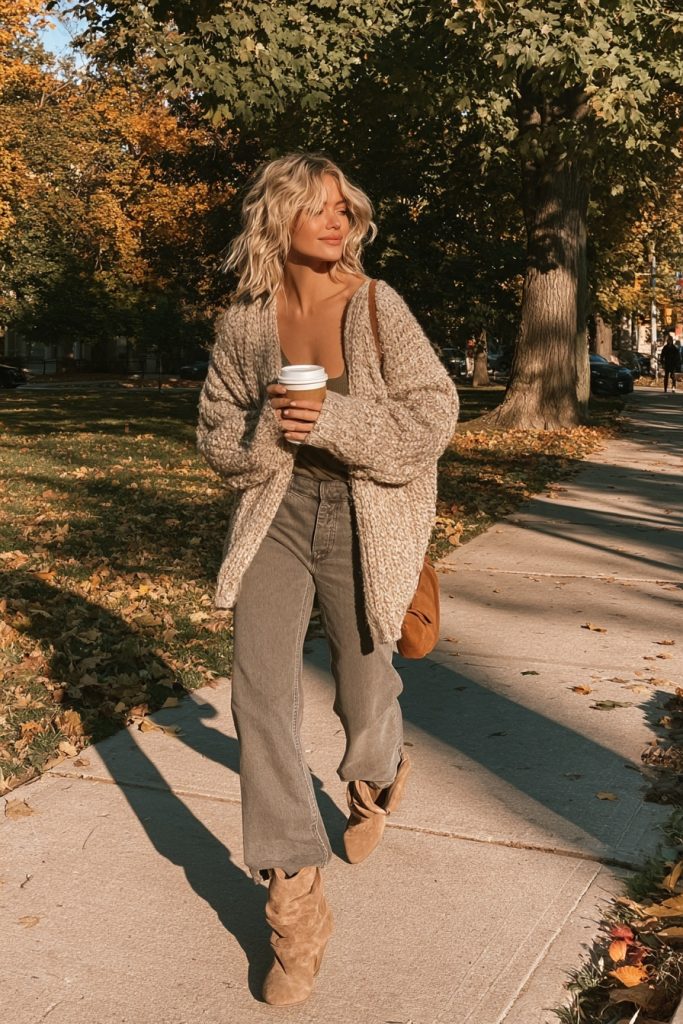 Woman in a chunky oatmeal cardigan, sage grey trousers and tan suede slouchy boots holding a coffee cup while walking through a leafy park