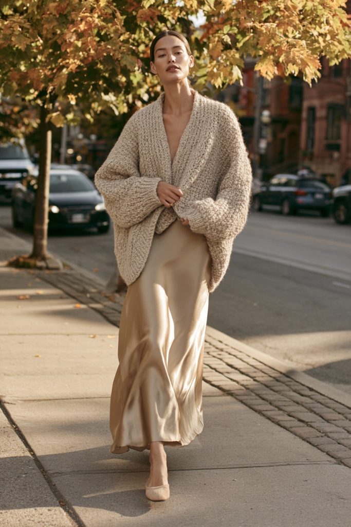 Woman in an oatmeal chunky cardigan with a champagne satin midi skirt and cream ballet flats walking down a city sidewalk