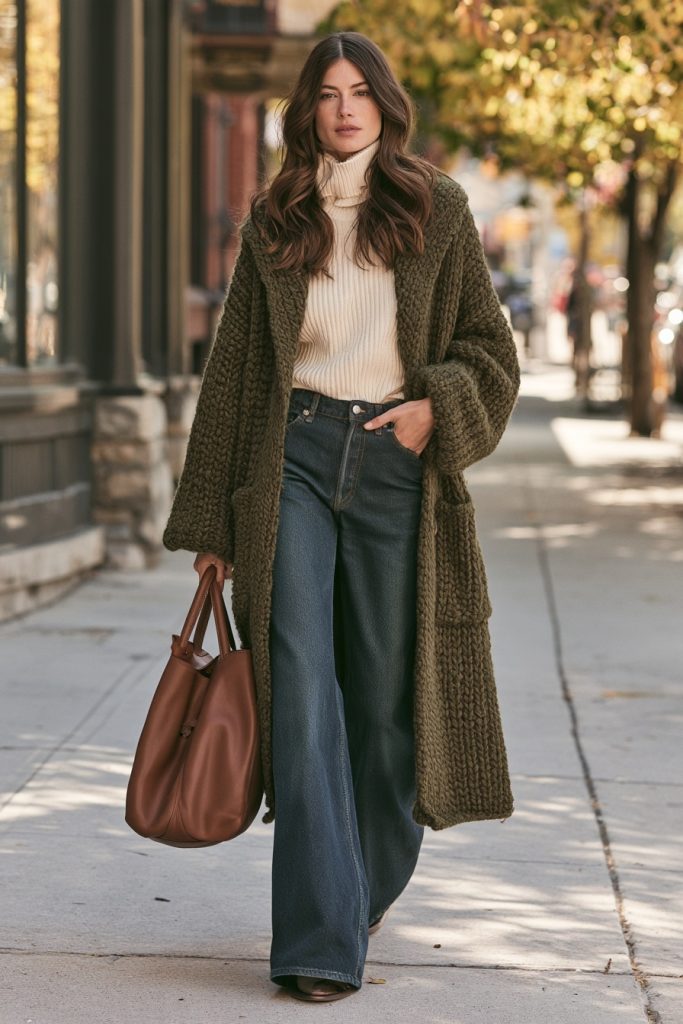 Woman in sunglasses wearing an olive green chunky cardigan over a cream turtleneck with dark wide leg jeans and a brown leather tote