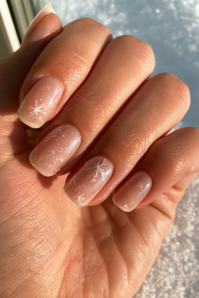 Close-up of a hand with glossy sheer nails with delicate faint white snowflake line art near a snowy window