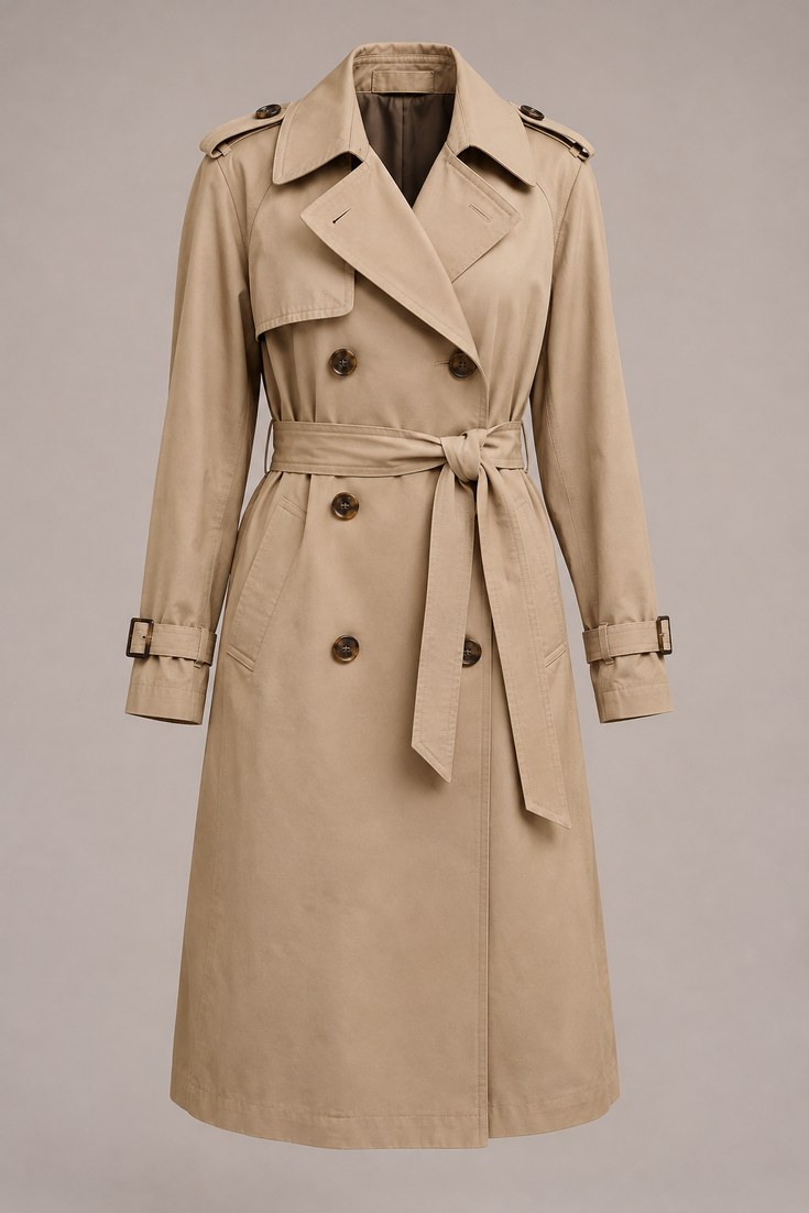 Classic beige double-breasted trench coat with belt on a warm grey studio backdrop