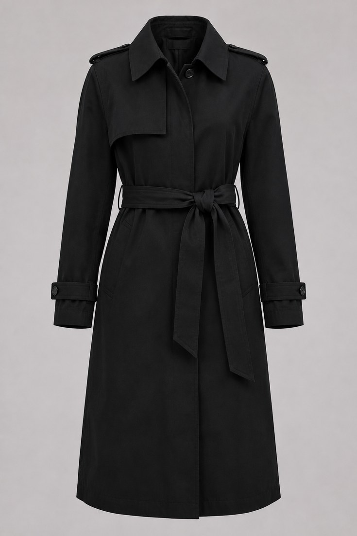 Black belted trench coat in water-repellent fabric on a pale grey studio backdrop