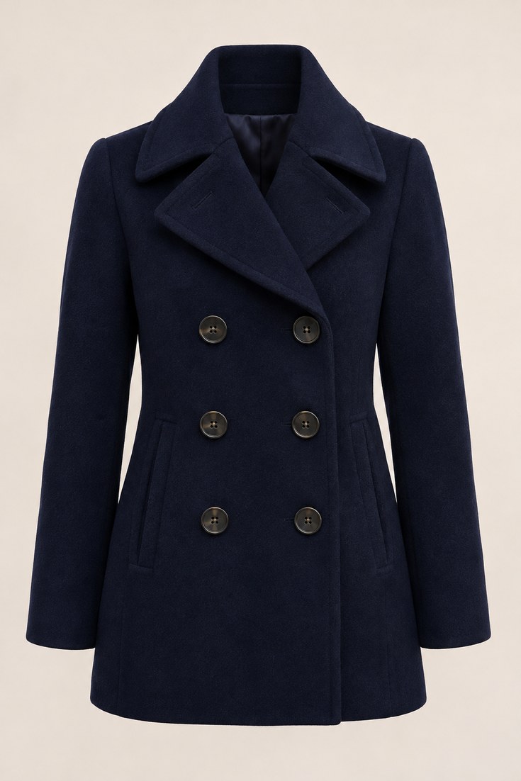 Navy double-breasted wool peacoat with large black buttons on a soft cream studio backdrop
