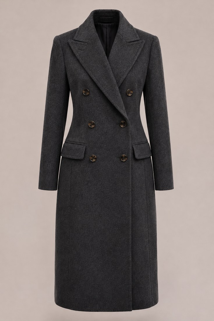 Charcoal grey double-breasted wool coat with peak lapels on a light taupe studio backdrop