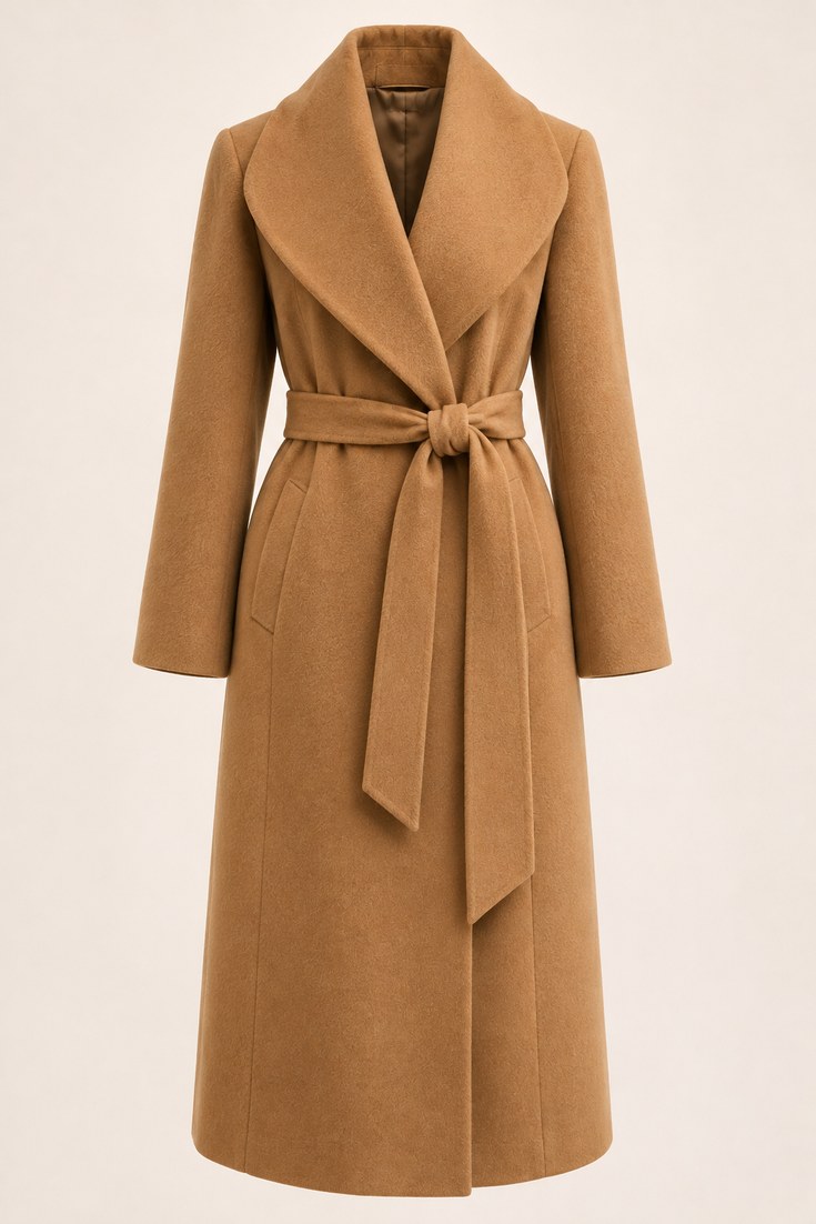 Camel wool wrap coat with tie belt and no buttons on a warm ivory studio backdrop