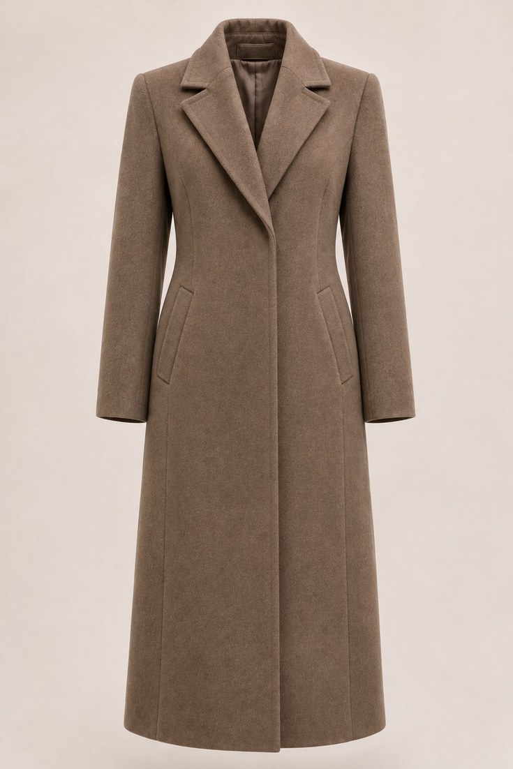Long single-breasted grey-brown wool coat with a hidden placket on a pale stone studio backdrop
