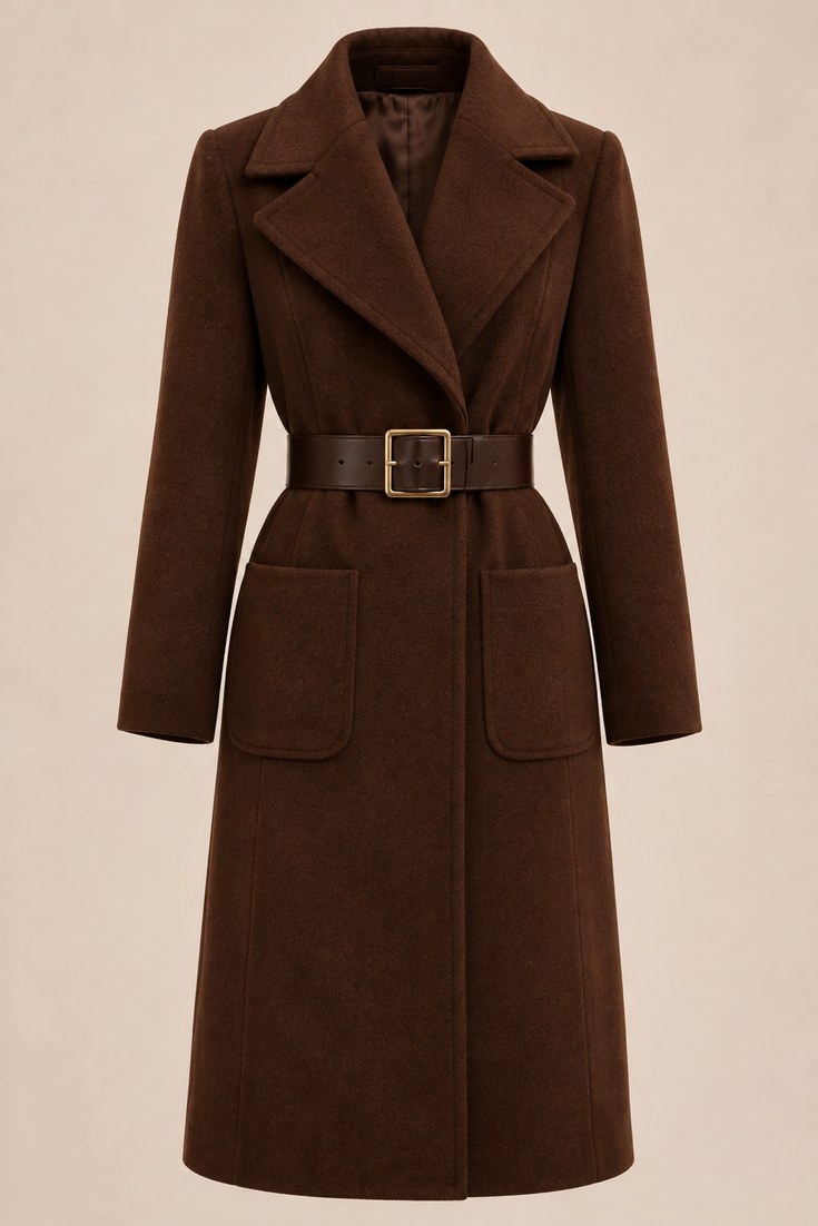Belted chocolate brown wool coat with wide lapels on a soft beige studio backdrop