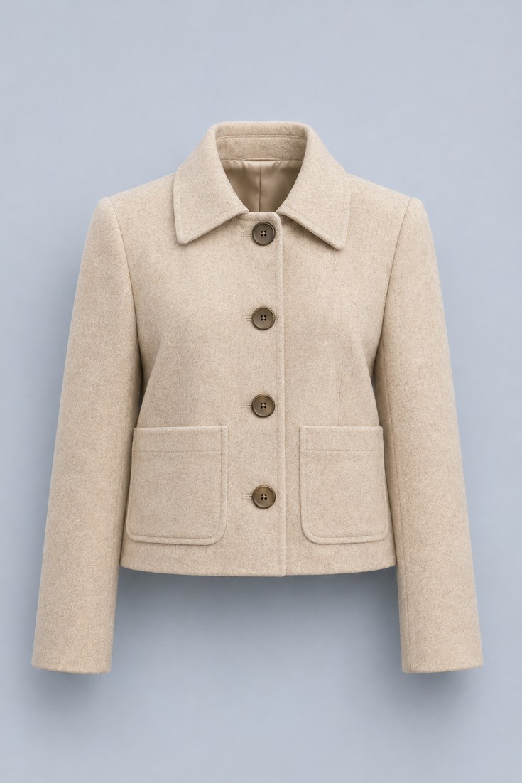 Cropped boxy cream wool jacket with large buttons on a pale blue-grey studio backdrop