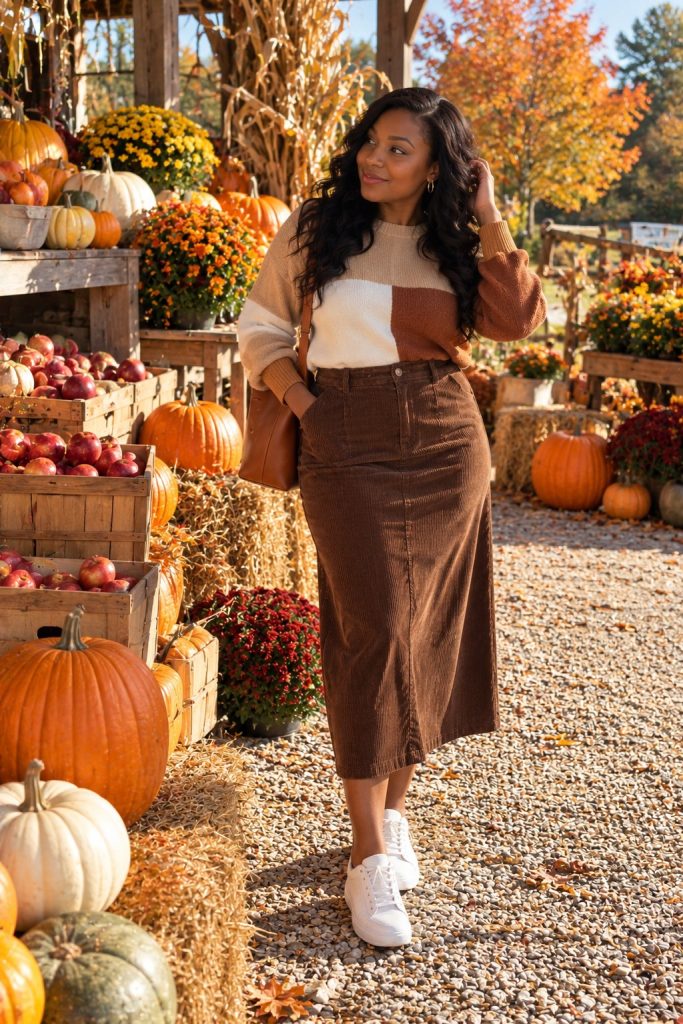 Color block sweater with a brown corduroy midi skirt and white sneakers