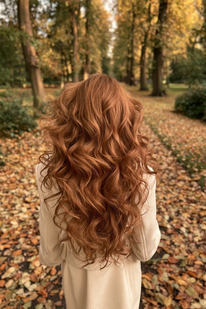Woman seen from behind with long loose copper waves, lighter golden copper through the lengths, walking on a leaf covered path in a cream coat