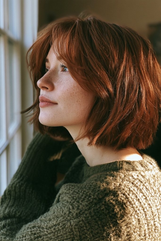 Side profile of a woman with a blunt copper bob in an olive green chunky knit sweater next to a window