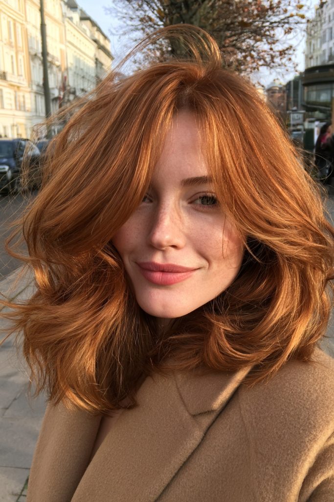 Woman with shoulder length copper red hair in soft waves smiling on a sunny city street in a camel coat