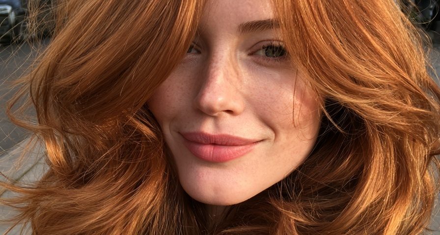 copper hair color soft waves camel coat