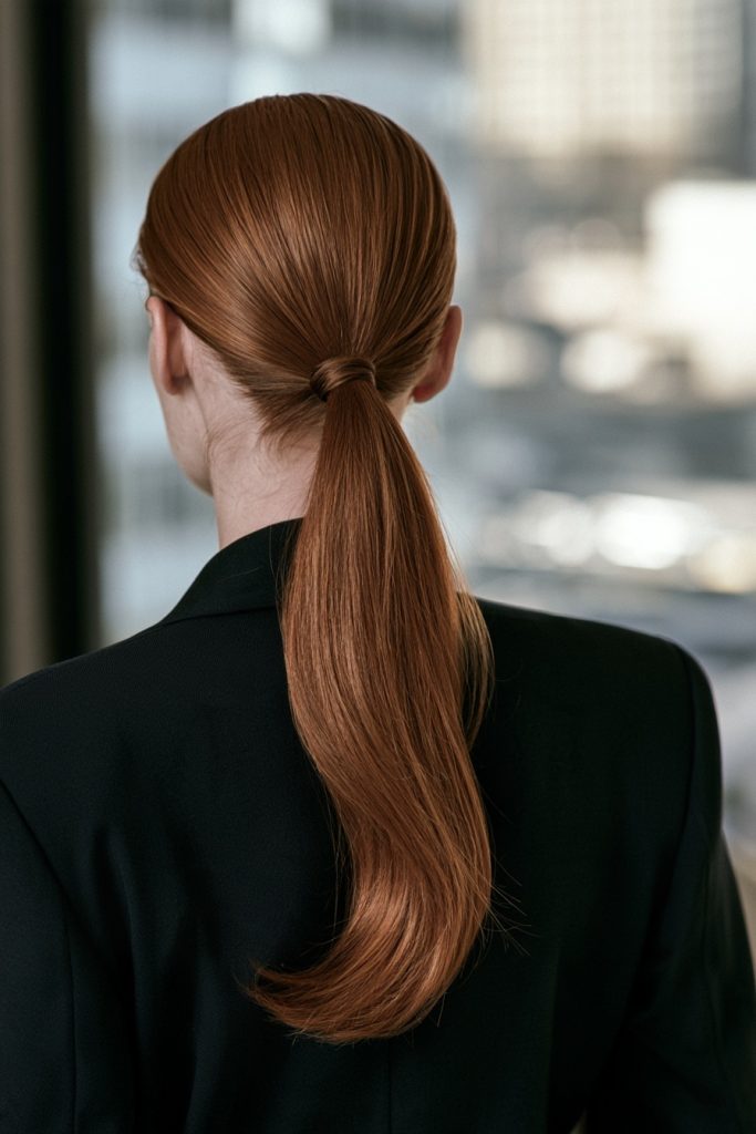 Woman seen from behind with a low sleek copper ponytail wearing a black blazer in front of a bright office window