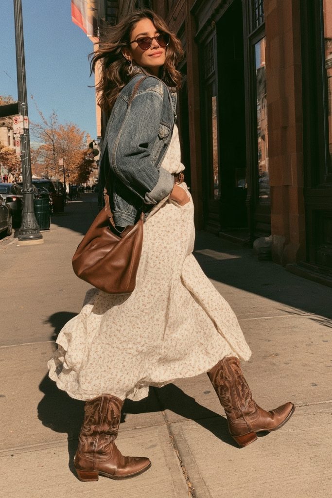 Woman in sunglasses wearing a cream floral midi dress with a denim jacket, brown cowboy boots and a brown leather bucket bag