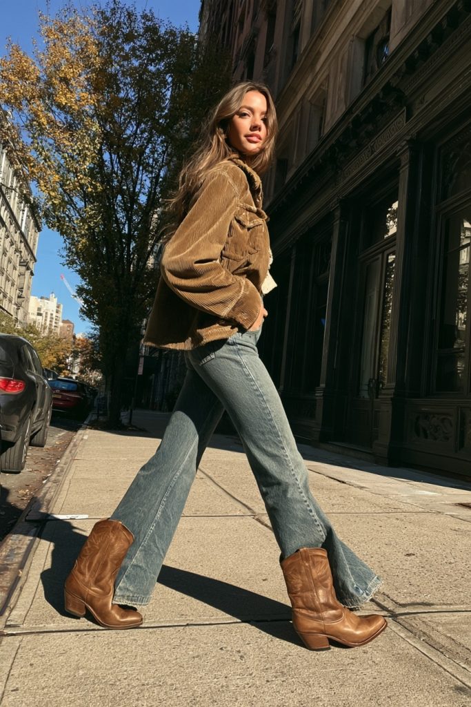 Woman walking on a tree lined street in tan cowboy boots, light wash flared jeans and a brown suede style jacket