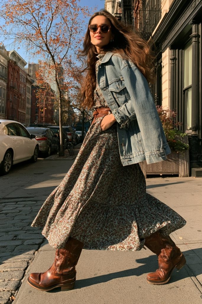 Woman in sunglasses walking in brown cowboy boots, a tiered floral midi dress, a belt and a light wash denim jacket on a cobblestone street