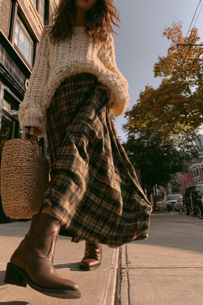 Woman in short brown cowboy ankle boots, a plaid midi skirt, a cream chunky knit sweater and a woven straw bag