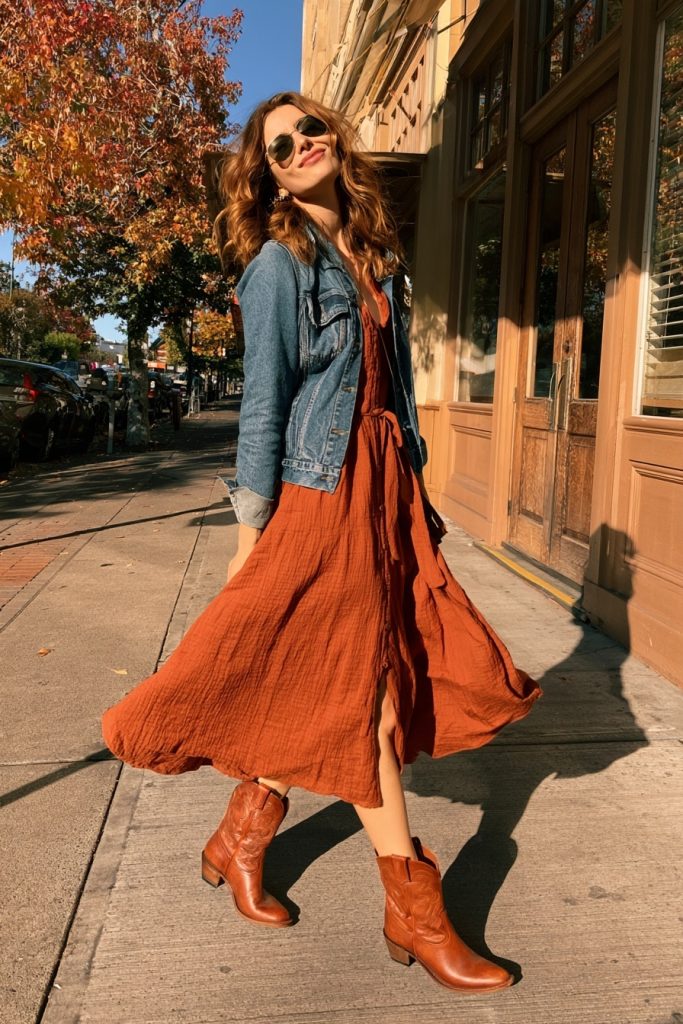 Smiling woman in sunglasses wearing a flowy rust midi dress, a light wash denim jacket and tan cowboy boots on a sunny street