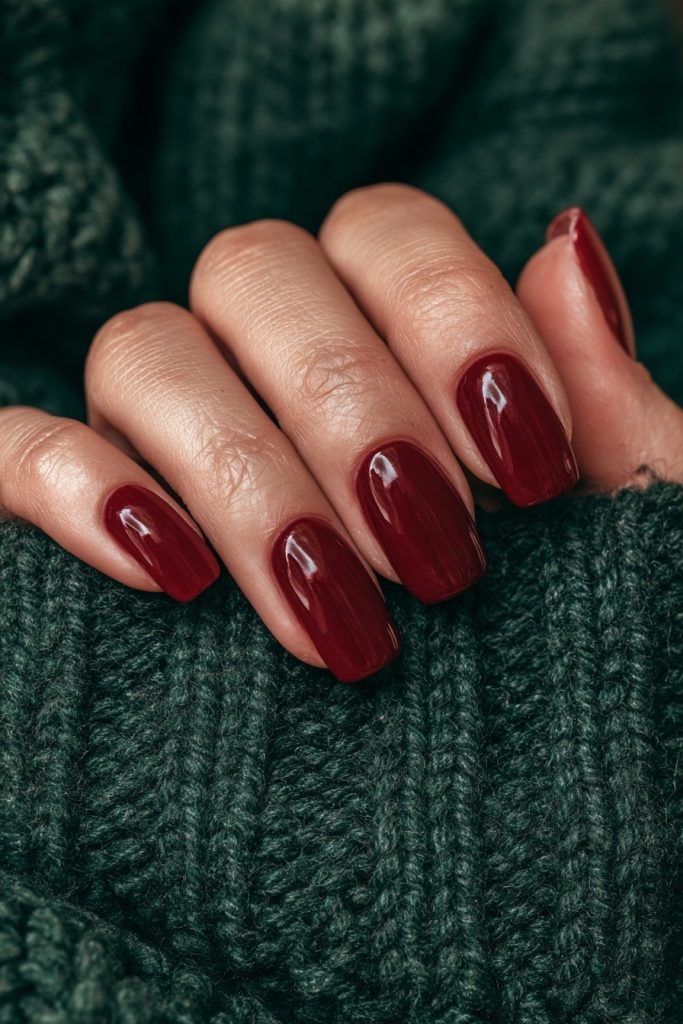 Close-up of a hand with glossy deep cranberry red nails on a dark green knit sweater
