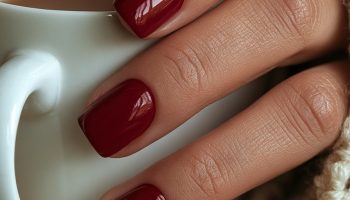 Close-up of a hand with glossy cranberry red short square nails holding a white mug with a cream knit sleeve