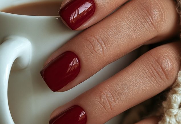 Close-up of a hand with glossy cranberry red short square nails holding a white mug with a cream knit sleeve