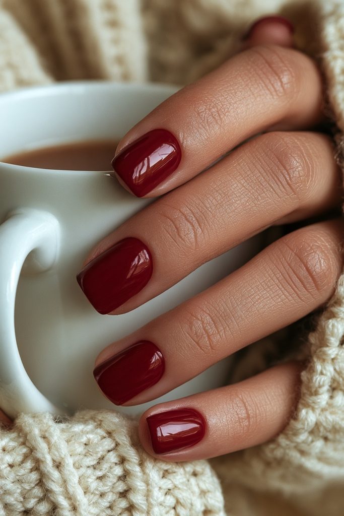 Close-up of a hand with glossy cranberry red short square nails holding a white mug with a cream knit sleeve