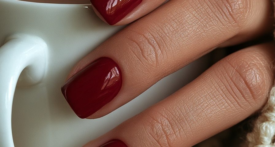 Close-up of a hand with glossy cranberry red short square nails holding a white mug with a cream knit sleeve