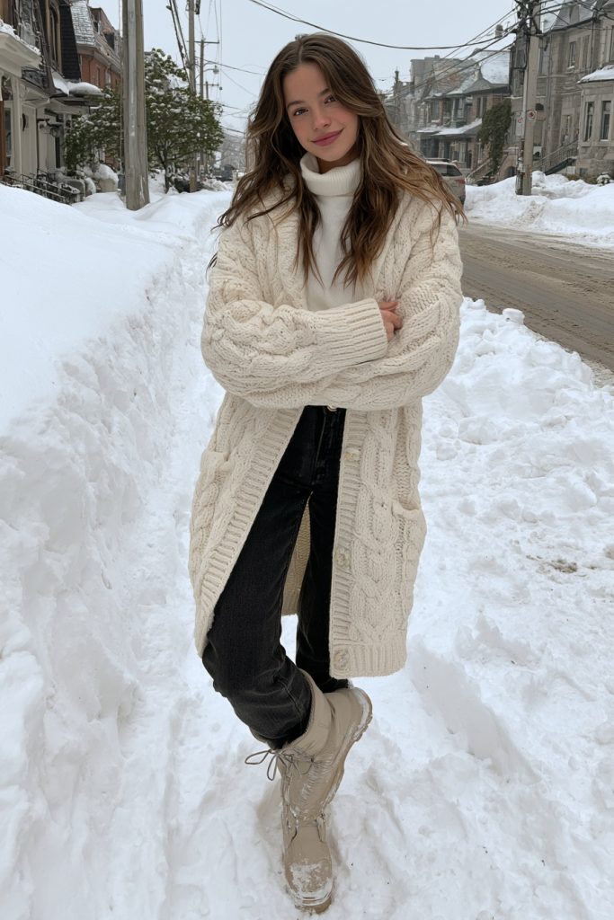 Woman in a cream cable knit cardigan over a white turtleneck with dark jeans and snow boots on a snowy street