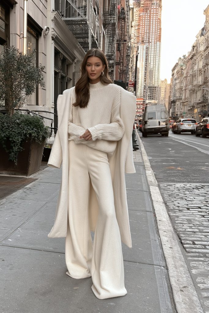 Woman in a cream knit sweater and cream wide leg trousers with a long ivory wool coat worn open on a city street